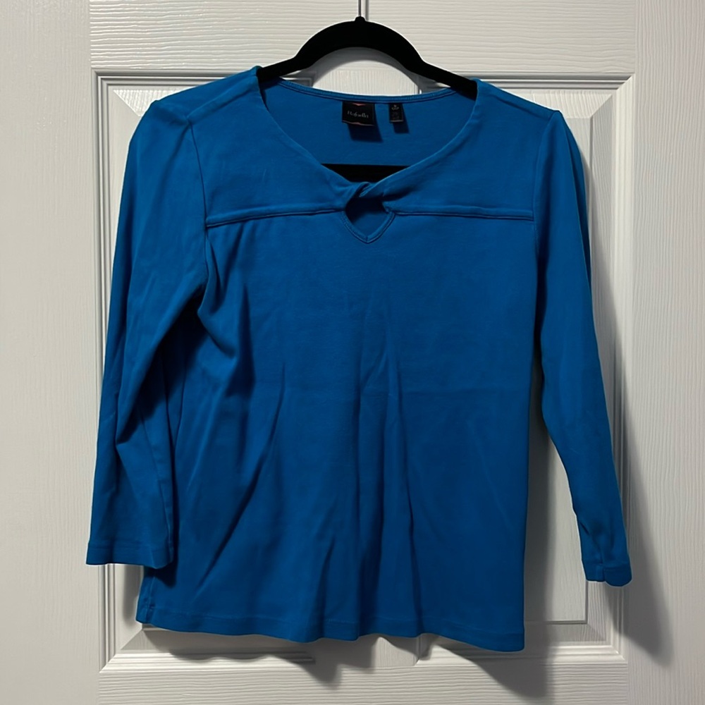 Women's 3/4 Sleeve Shirt Cute Keyhole Ocean Blue Winter Knit Small-Medium Cotton